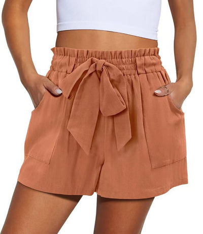 Summer New Elastic Waist Drawstring Knotted Short Solid Color Casual Women - Evans creations LLC