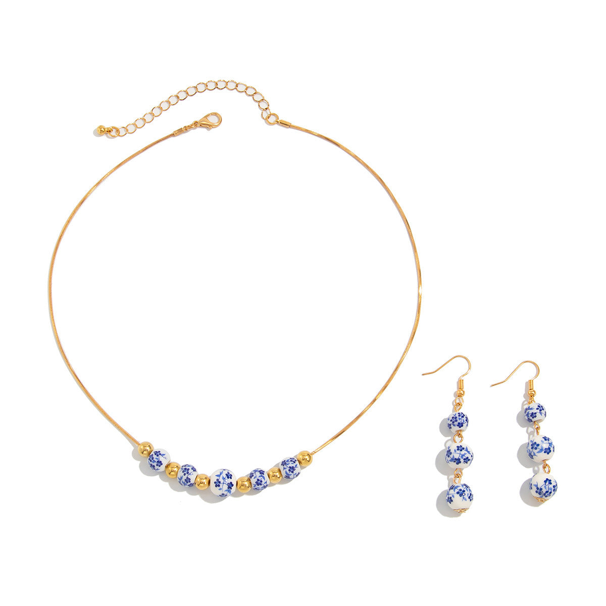 Blue And White Porcelain Round Beads Tassel Necklace Simple All-match Flower Earrings - Evans creations LLC