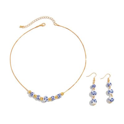 Blue And White Porcelain Round Beads Tassel Necklace Simple All-match Flower Earrings - Evans creations LLC