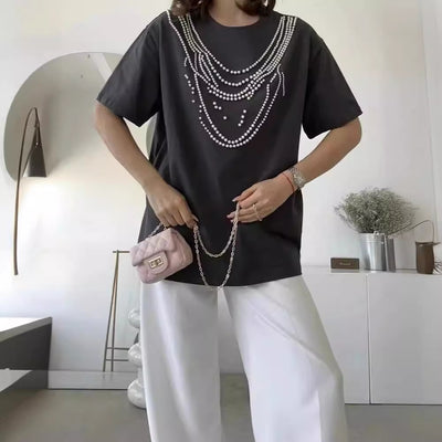 Heavy Industry Beads Pearl All-match Slimming And Fashionable Top - Evans creations LLC