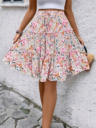 Floral Print Stretch Waist Skirt Knee Layered Hem A- Line Skirt - Evans creations LLC