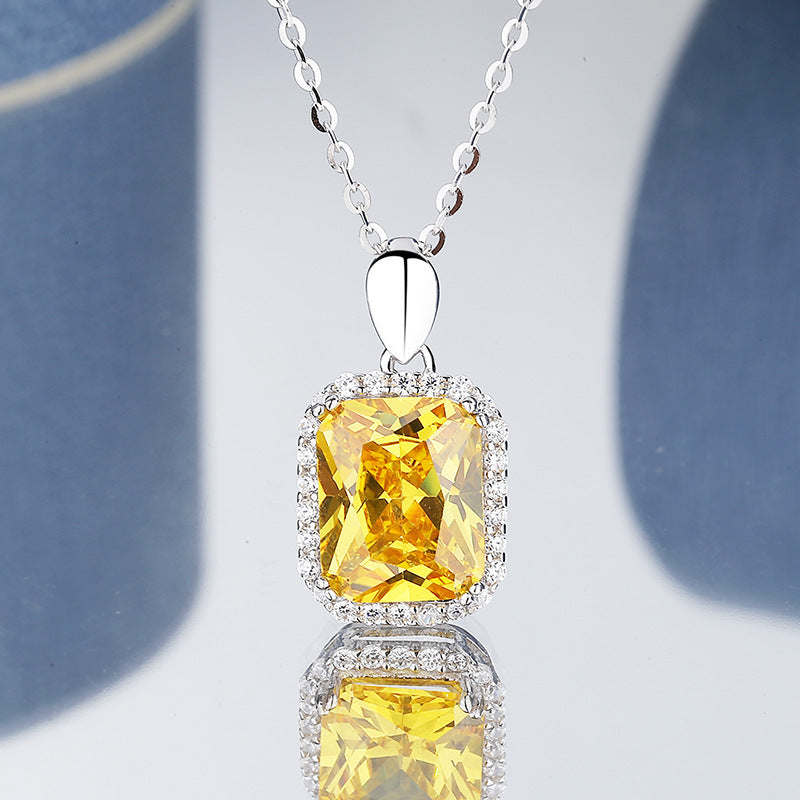 S925 Sterling Silver Princess Square Yellow Diamond Necklace Earrings - Evans creations LLC
