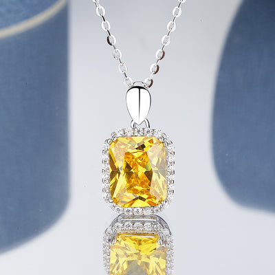 S925 Sterling Silver Princess Square Yellow Diamond Necklace Earrings - Evans creations LLC