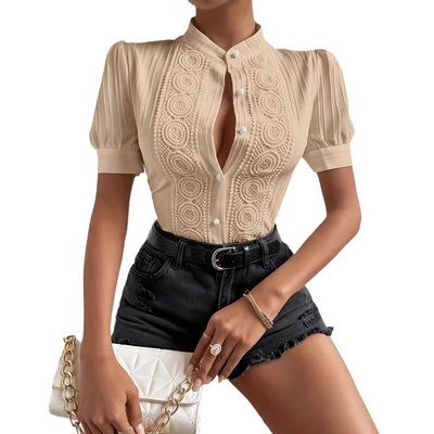 European And American Lace Patchwork Stand-up Collar Women's Top - Evans creations LLC