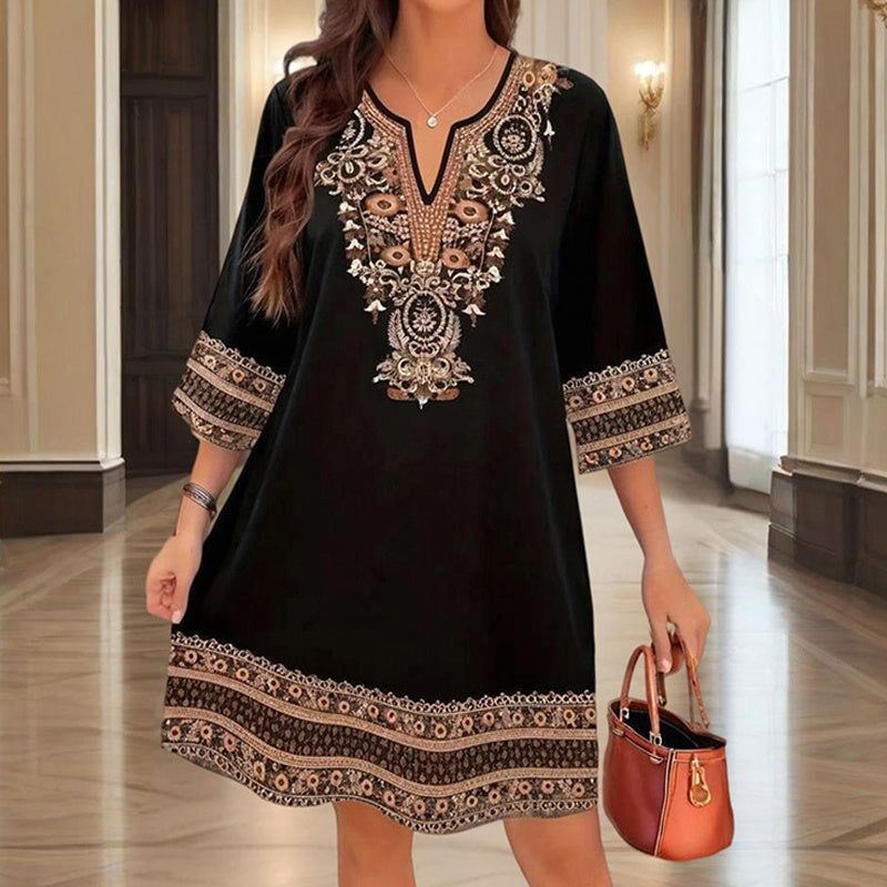Women's V-Neck Middle Eastern Style Floral Print Midi Dress - Elegant Sleeve Design Lightweight Perfect For Spring&Summer Vacation & Daily Wear - Evans creations LLC
