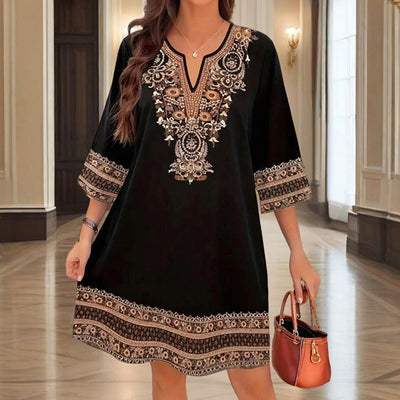 Women's V-Neck Middle Eastern Style Floral Print Midi Dress - Elegant Sleeve Design Lightweight Perfect For Spring&Summer Vacation & Daily Wear - Evans creations LLC