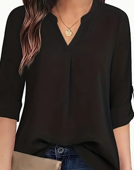 Chic Solid V-Neck Blouse - Fashionable Simplicity For Women - Relaxed Casual Long Sleeve Style - Evans creations LLC