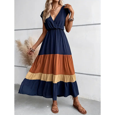 Women's Color Block Maxi Dresses V Neck Sleeveless Tiered Casual Dresses Loose Sundress - Evans creations LLC