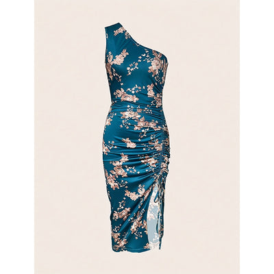 Women's One Shoulder Bodycon Dresses Summer 2025 Ruched High Split Floral Beach Cocktail Wedding Guest Dress - Evans creations LLC
