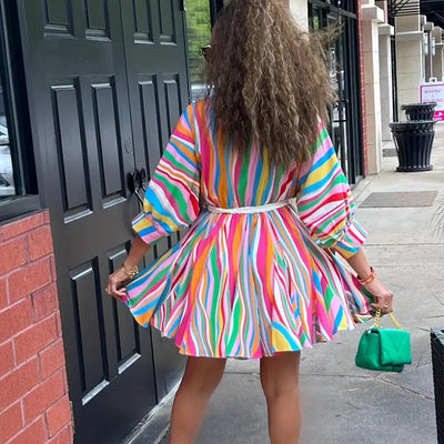 Women's V-Neck Rainbow Stripe Short Dress Three Quarters Sleeve Casual Summer Sundress With Tie Waist - Evans creations LLC