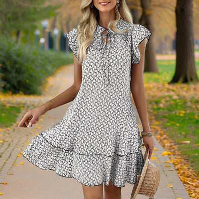 Women's Solid Color Print V-Neck Short Sleeve Dress - Summer Comfort Lace Trim Dress With Tie Detail - Evans creations LLC