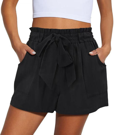 Summer New Elastic Waist Drawstring Knotted Short Solid Color Casual Women - Evans creations LLC