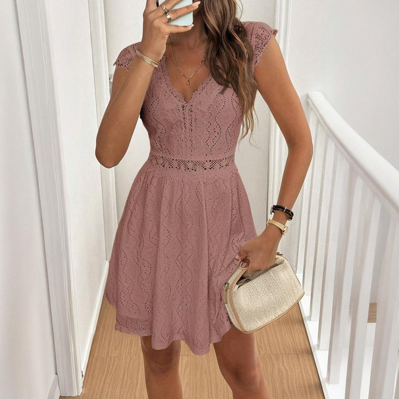 Women's V-Neck Solid Color Short Sleeve Dress With Lace Trim - Summer Sexy Vacation Dress - Evans creations LLC