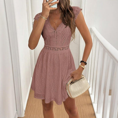 Women's V-Neck Solid Color Short Sleeve Dress With Lace Trim - Summer Sexy Vacation Dress - Evans creations LLC