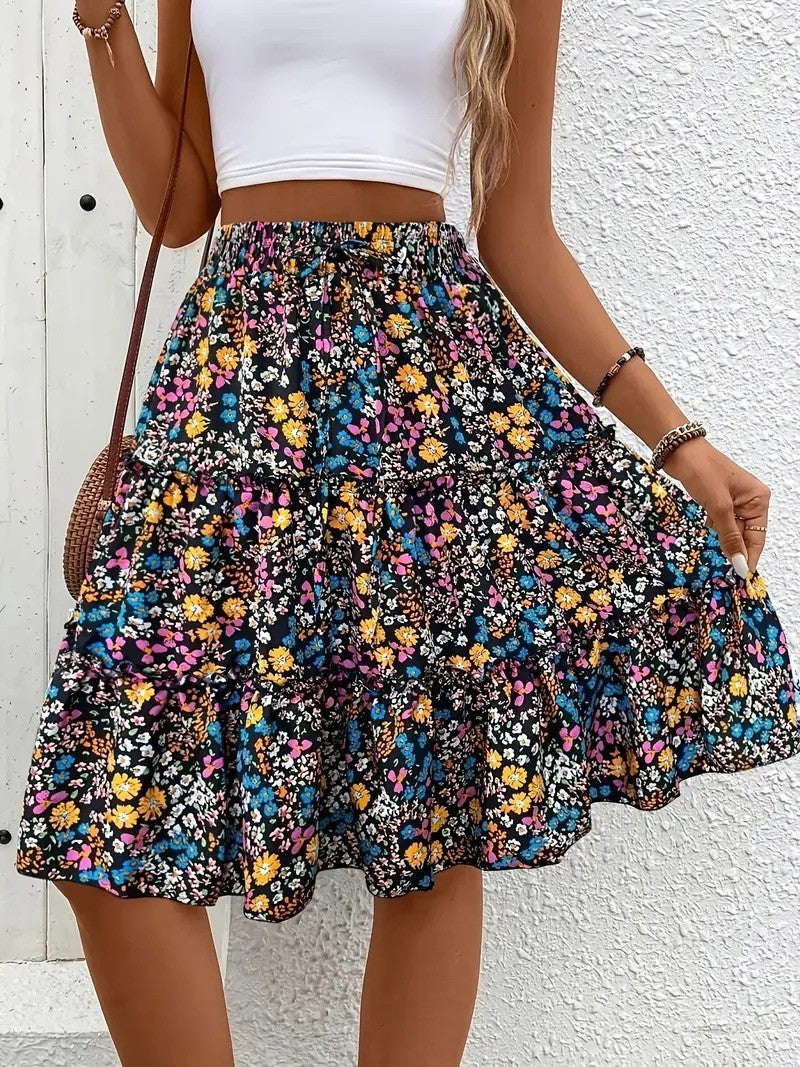 Floral Print Stretch Waist Skirt Knee Layered Hem A- Line Skirt - Evans creations LLC