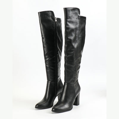 Women's Side Zipper Design Pointed Toe Chunky Heel Long Boots - Evans creations LLC