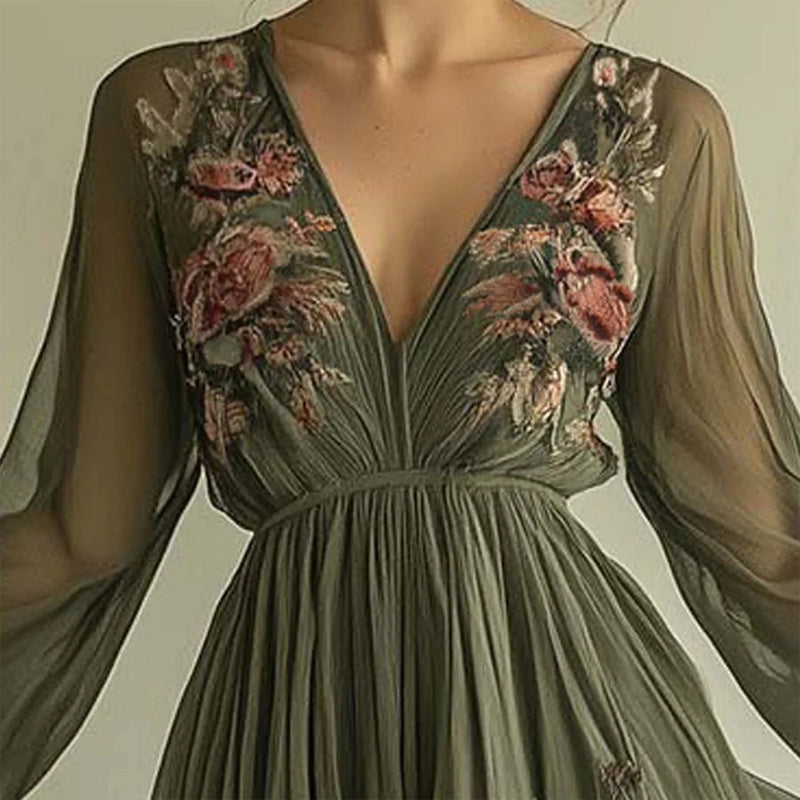 Women's Elegant V-Neck Green Floral Print A-Line Maxi Semi-Sheer Long Sleeve Spring&Summer Dress - Evans creations LLC