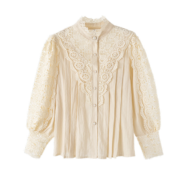 Design Palace Style Blouse Lace Stand-up Collar Long-sleeved Shirt Women - Evans creations LLC