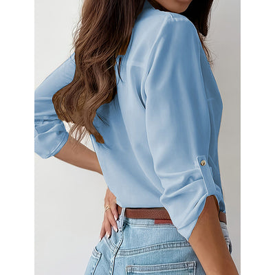 Womens Button Down Shirts V Neck Rolled Up Long Sleeve Tops Elegant Dressy Blouses Business Casual Outfits - Evans creations LLC