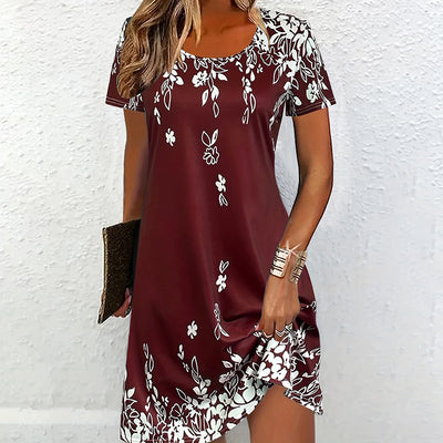 Women's Summer Boho Dress Vintage Floral Print Short Sleeve T-Shirt Sundress Beach Casual Dress - Evans creations LLC