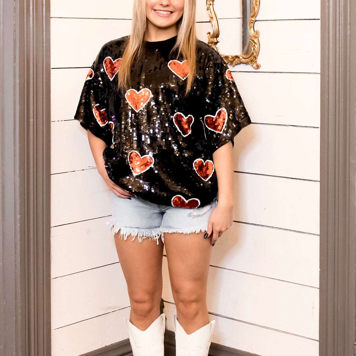European And American Round Neck Sequins Shirt Christmas Heavy Industry Sequin Half Sleeve T-shirt - Evans creations LLC