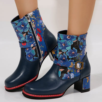 Women's Printed Stitching Round Head Thick Bottom Bootie - Evans creations LLC