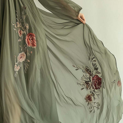 Women's Elegant V-Neck Green Floral Print A-Line Maxi Semi-Sheer Long Sleeve Spring&Summer Dress - Evans creations LLC
