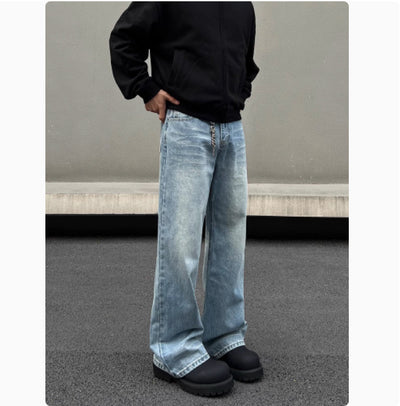 Men's Retro Whisker Washed Blue Straight Jeans - Evans creations LLC
